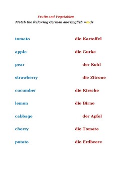 Preview of German/English fruits and vegetables worksheet