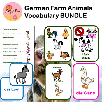 Preview of German Farm Animals Vocabulary BUNDLE with Flash Cards Games and Worksheets