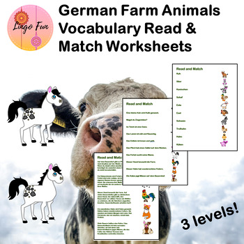 Preview of German Farm Animals Vocabulary Read and Match Worksheets in 3 levels
