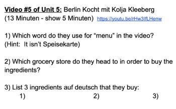 Preview of German Food Unit Video Guides (to Youtube Videos)