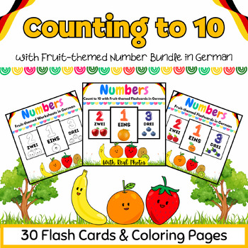 Preview of German Fruit-Themed Numbers to 10 Flashcards & Worksheets BUNDLE - 30 Printables
