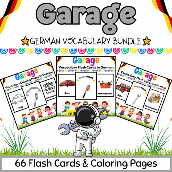 Preview of German Garage Coloring Pages & Flash Cards BUNDLE for Kids - 66 Printables