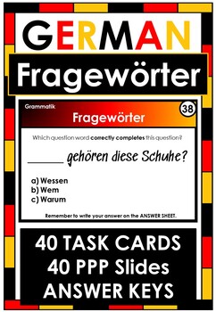 Preview of German Grammar - Question Words - 40 Task Cards and 40 PP Slides