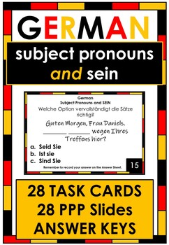 Preview of German Grammar Subject Pronouns and SEIN - 28 Task Cards and 28 Slides