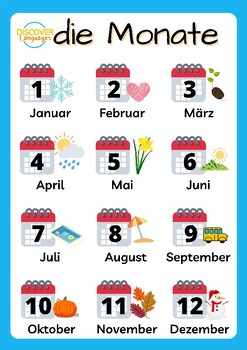 Preview of German Months of the Year Worksheet and Printable Poster