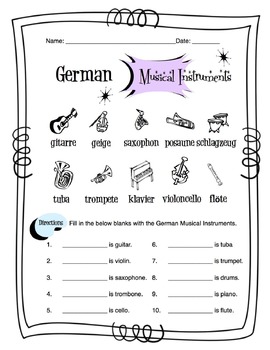 Preview of German Musical Instruments Worksheet Packet