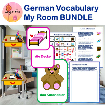 Preview of German My Room Vocabulary Flash Cards Worksheets and Games Bundle