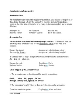 Preview of German Nominative and Accusative Worksheet + Handout