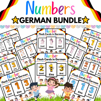 Preview of German Number Flashcards Bundle to Count from 1 to 10 with 10 Themes - 100 pages