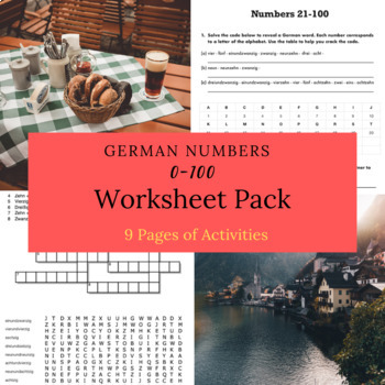 Preview of German Numbers 0-100 Worksheet Pack (9 Pages)