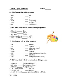 Preview of German Object Pronouns Worksheet - Direct and Indirect - Objektpronomen