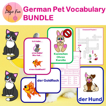Preview of German Pets Vocabulary Bundle with Flash Cards Worksheets and Games