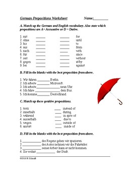 Preview of German Prepositions Worksheet: Accusative, Dative and Genitive - Präpositionen