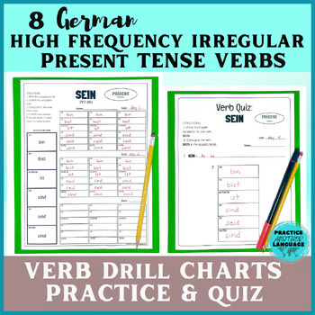 Preview of German Present Tense IRREGULAR Verbs Conjugations Drill Chart Practice & Quiz