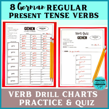 Preview of German Present Tense REGULAR Verbs Conjugations Drill Charts Practice & Quiz