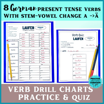 Preview of German Present Tense STEM-VOWEL CHANGE Verbs A -> Ä Drill Charts Practice & Quiz