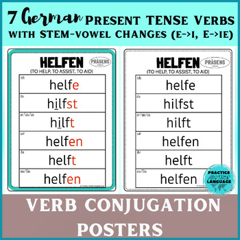 Preview of German Present Tense STEM-VOWEL CHANGE Verbs (e->i+ie) Conjugation Chart Posters