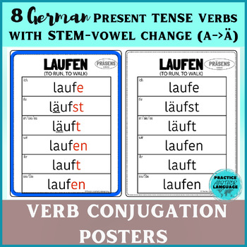 Preview of German Present Tense STEM-VOWEL CHANGE Verbs (a->ä) Conjugations Chart Posters