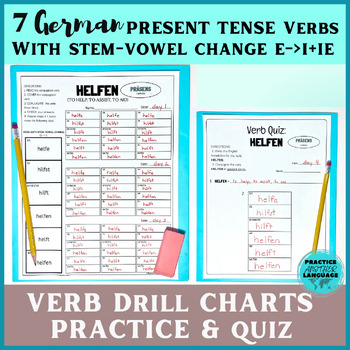 Preview of German Present Tense Stem-Vowel Change (e->i+ie) Verbs Drill Chart Practice/Quiz