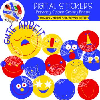 Preview of German Primary Colors Smiley Faces Digital Stickers {ABC Designs}