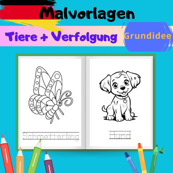 Preview of German Printable Animal Coloring Pages with Name Tracing for Kids.
