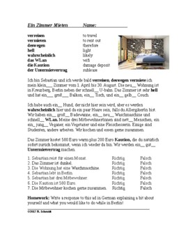 Preview of German Adjective Endings Reading/Worksheet Renting a Room: Wohnung Mieten