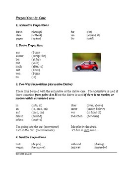 Preview of German Reference Sheet - Prepositions by Case (accusative, dative, genitive)