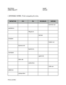 Preview of German Separable verb chart