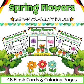 Preview of German Spring Flowers 48 Coloring Pages & Flashcards BUNDLE for PreK-Kinder Kids