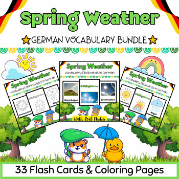 Preview of German Spring Weather 33 Coloring Pages & Flash Cards BUNDLE for PreK-K Kids