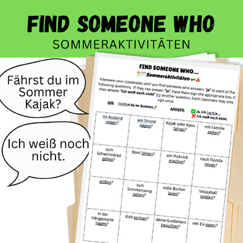 Preview of German Summer Activity Verbs Find Someone Who: Sommeraktivitäten