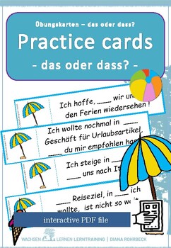 Preview of German: Summer 'das' or 'dass' exercise cards - Sommer Übungskarten Interaktiv