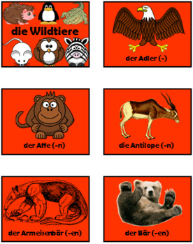 Preview of German (Deutsch) - Wild Animals - PowerPoint, Worksheet + Flashcards