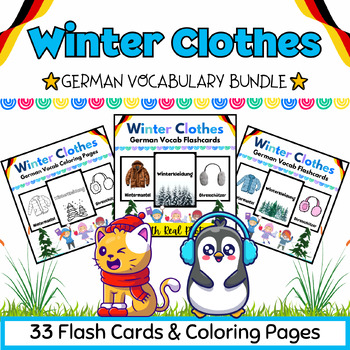 Preview of German Winter Clothes Coloring Pages & Flashcards BUNDLE for Kids-33 Printables
