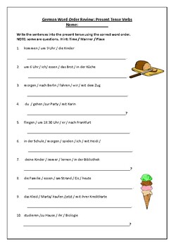 Preview of German Word Order Worksheet: Time + Manner + Place (present tense)