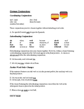 Preview of German Word Order with Conjunctions Worksheet (Coordinating and subordinating)