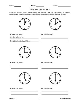 german whole hour analog clock worksheet 12 hour and 24 hour format
