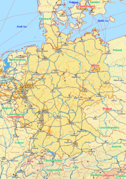 Preview of Germany map with cities township counties rivers roads labeled