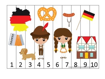 Preview of Germany themed Number Sequence Puzzle preschool learning game.  Daycare.