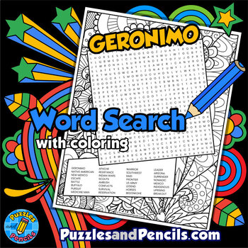 Preview of Geronimo Word Search Puzzle Activity Page with Coloring | Wordsearch