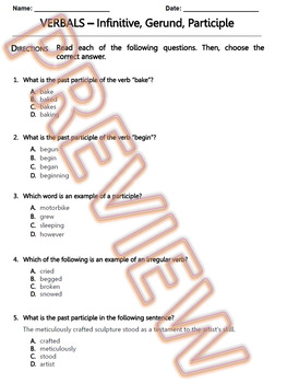 Preview of Gerund, Participial, & Infinitive Phrase Worksheet. ELA Pracrice / Review. W.Doc