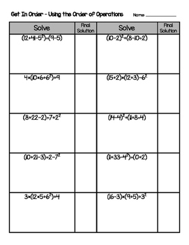 order of operations homework sheet