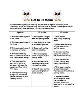 Preview of "Get To 30" Spelling Homework Menu