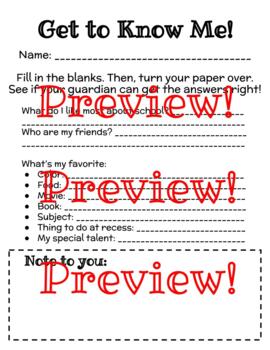Preview of Get To Know Me- Open House/Parent Teacher Conference Activity/For Parents 
