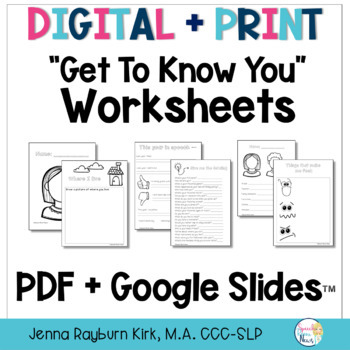 Preview of Digital Get To Know You Worksheets for Speech Therapy: PDF + Google Slides