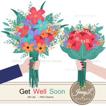 Get Well Soon Digital papers and Flower Bouquet Clipart By JennyL