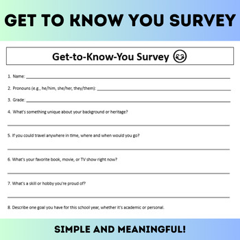 Preview of Get to Know You/All About Me Information Survey for Middle/High School