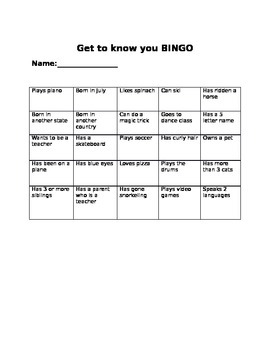 get to know you bingo sheet