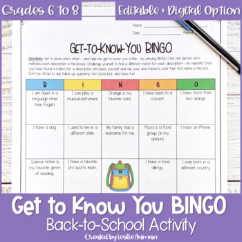 Preview of Get to Know You BINGO or People BINGO Back to School Activity for Middle School
