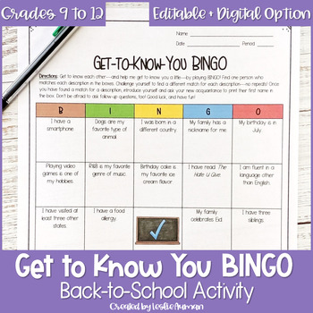 Preview of Get to Know You BINGO or People BINGO for High School Back to School Activity